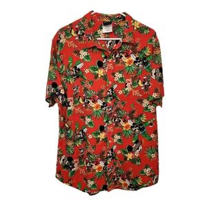 Disney Mickey Mouse Hawaiian Surfboard Red Button Down Shirt Size L